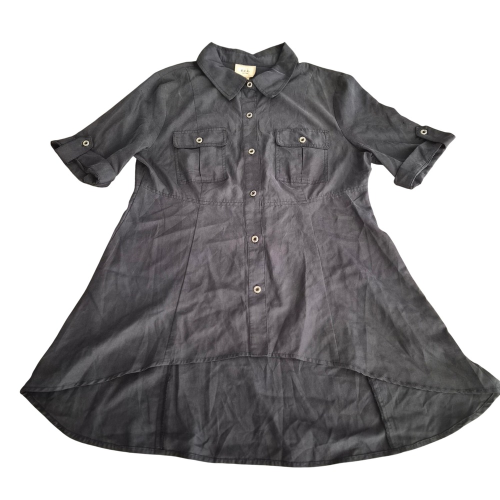 ECI New York Womens Gray High Low Button Down Tunic Top Short Sleeve Size M
